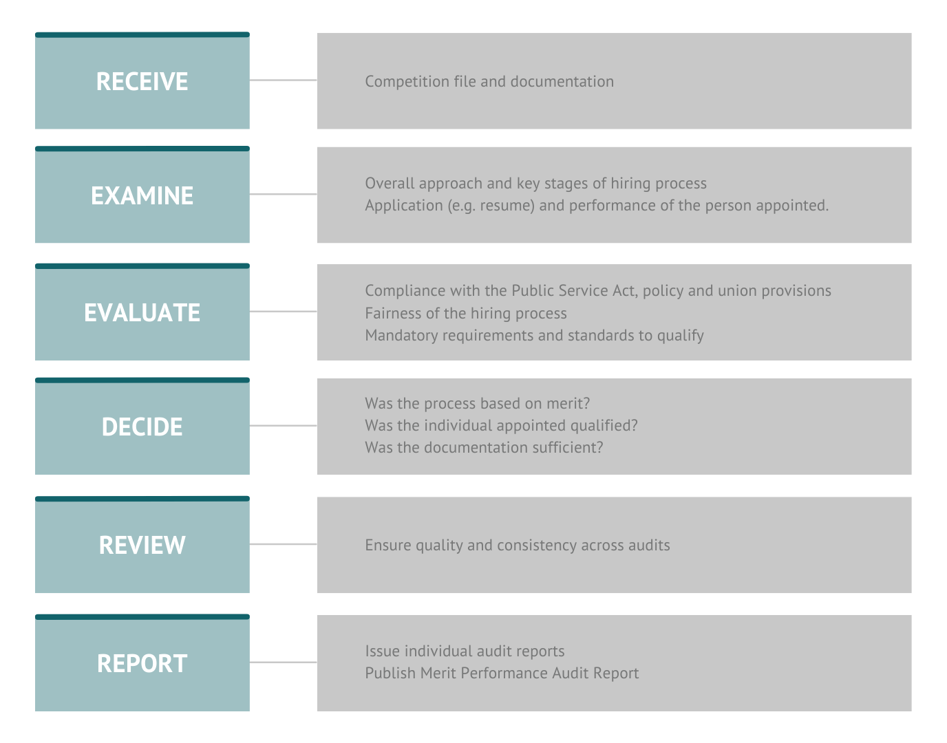 Table summarizing the steps of the audit process: Receive, Examine, Evaluate, Decide, Review, Report.
